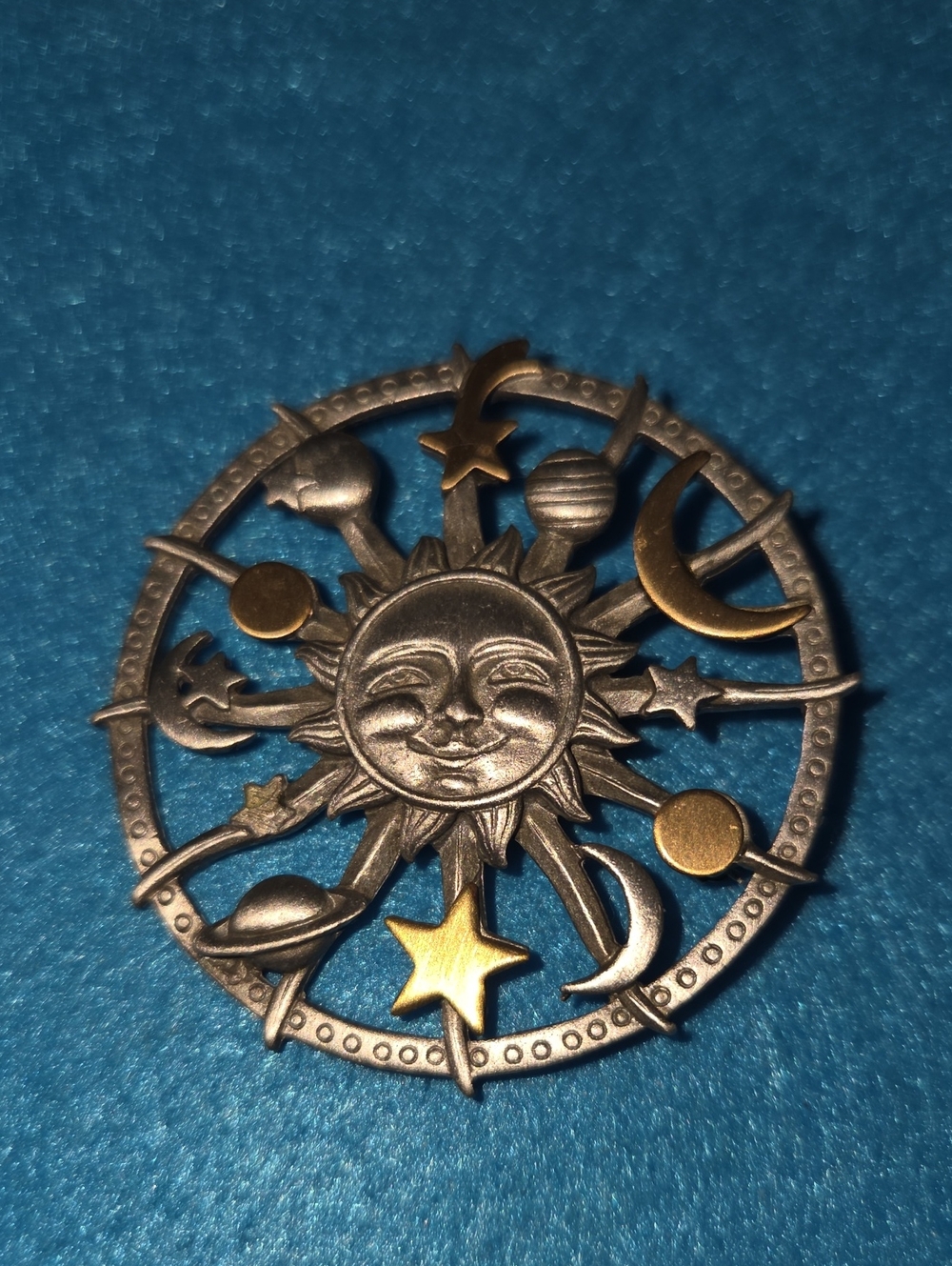 Signed JJ Sun and Celestial Planets Brooch - Two-Tone Metal